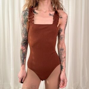 Lelis Brown Ribbed Bodysuit Medium Square Neck Fitted Minimalist Top